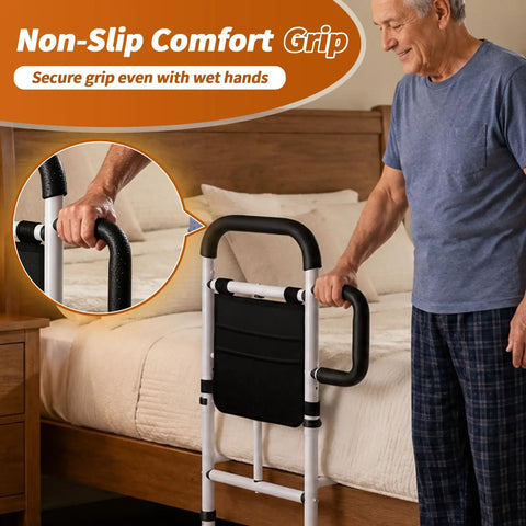 Sturdy Adjustable Bed Rail For Elderly And Limited Mobility With Non-Slip Handle in bedroom, showing grip and user support.