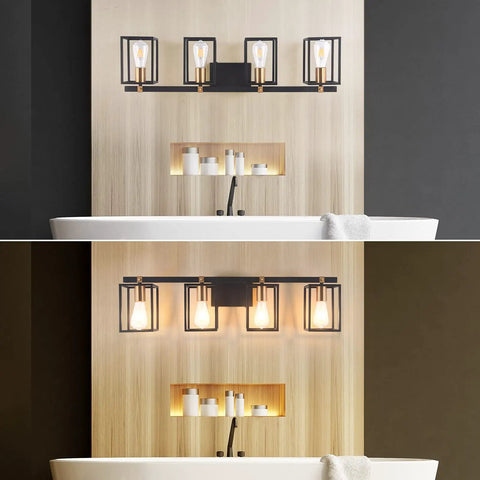 Farmhouse Style Four Light Vanity Fixture With Black And Antique Brass Metal Cage For Bathroom Vintage Rustic Wall Sconces Mid Century Look 33.85 Inch Long over modern bathtub