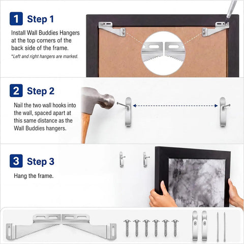 Ten Set Picture Hanging Kit For Wood Frames With Heavy Duty Self Leveling Sawtooth Hangers, Includes Wall Hooks, Nails And Screws For Quick Easy Wall Mounting, Slotted Holes For Balanced, Secure Frame Install, install steps
