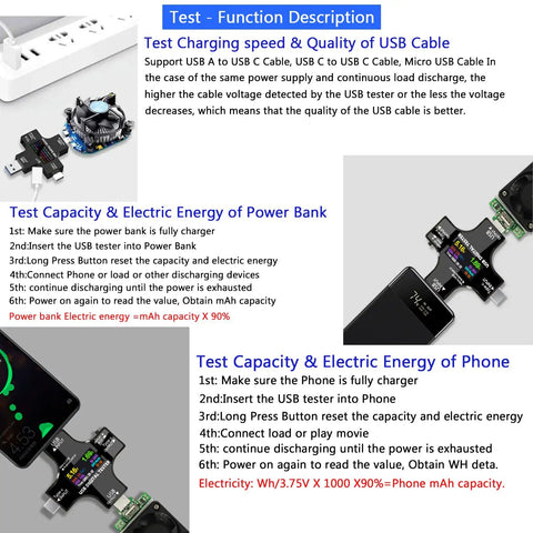 Image of USB C Tester 2 In 1 Digital Multimeter With Color IPS Screen Measures Voltage Current Power Resistance Temperature Capacity Time And Fast Charging Includes USB Clip Cable Supports PD 2.0 3.0 QC 2.0 3.0 BC1.2 showing test function details.