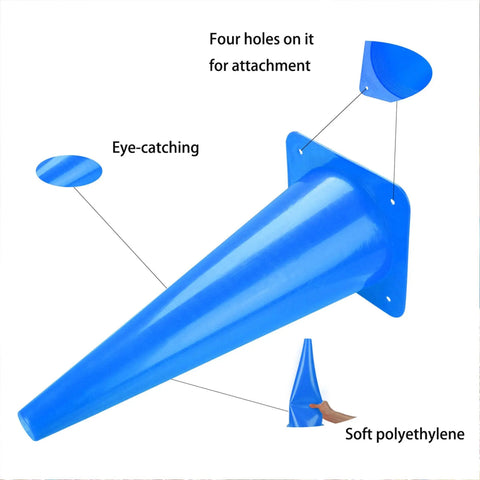 Close-up of blue polyethylene cone with attachment holes and labeled features for visibility and softness.