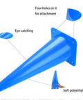 Blue traffic cone with four attachment holes, soft polyethylene, highlighting features for visibility and material.