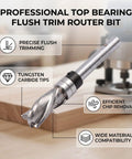 Top Bearing Flush Trim Router Bit With Tungsten Carbide Head And 1/4 Inch Shank, showing carbide tips and quality design for woodworking.