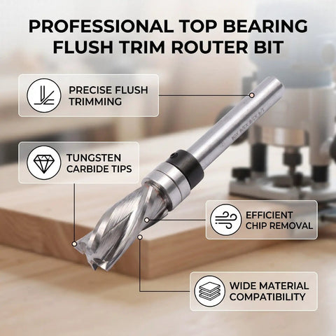 Top Bearing Flush Trim Router Bit With Tungsten Carbide Head And 1/4 Inch Shank, showing carbide tips and quality design for woodworking.