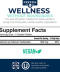 Supplement facts label showing Calcium 600 Mg Supplement For Strong Bones Joints And Teeth Supports Healthy Muscle And Nerve Function Easy To Swallow Coated Tablets Gluten Free 100 Count.