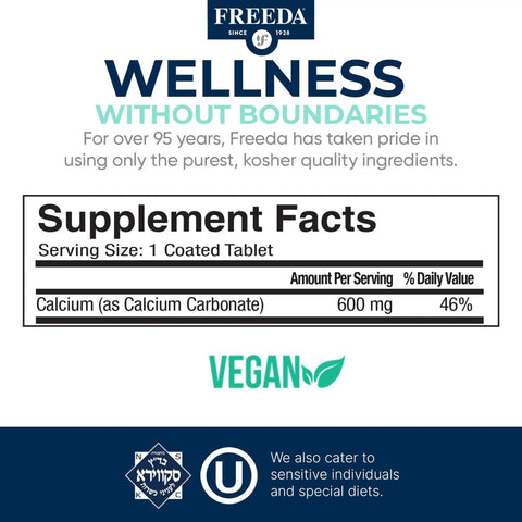 Supplement facts label showing Calcium 600 Mg Supplement For Strong Bones Joints And Teeth Supports Healthy Muscle And Nerve Function Easy To Swallow Coated Tablets Gluten Free 100 Count.