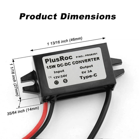 Waterproof 12V and 24V to 5V DC Converter With USB C Output 3A Max, dimensions and wiring details shown on label
