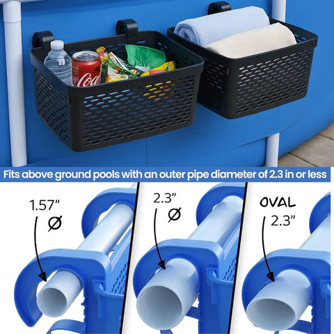 Two Pack XL Poolside Storage Baskets For Above Ground Pools Blue Easy Access Organizer Keeps Toys Goggles Drinks Neat And Within Reach Universal Fit For Most Frame Pools Up To 2.6 Inches Diameter Made In Europe installed on a pool