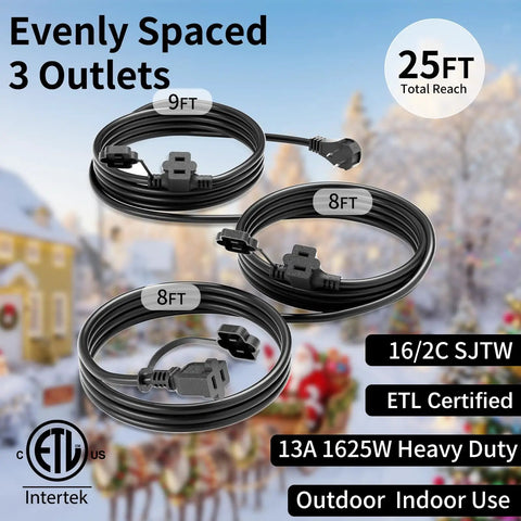 Heavy Duty 25 Ft Outdoor Extension Cord Built Like A Beast With Three Evenly Spaced Weatherproof Outlets for easy holiday lighting.