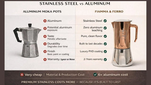 Comparison between aluminum and stainless steel moka pots, highlighting features of Premium Italian Espresso Maker 12 Cup Moka Pot In Stainless Steel With Copper PVD Finish Induction Compatible No Aluminum 20 Oz Coffee Pot For Rich Flavor And Clean Taste Barista Level At Home.
