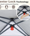 Center lock mechanism of Pop Up 10x10 Canopy Tent With Center Lock Easy One Person Setup Dual Shelters 230 Sq Ft Shade Space