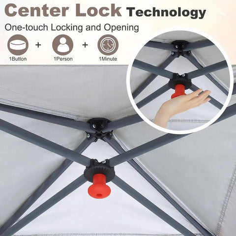 Center lock mechanism of Pop Up 10x10 Canopy Tent With Center Lock Easy One Person Setup Dual Shelters 230 Sq Ft Shade Space