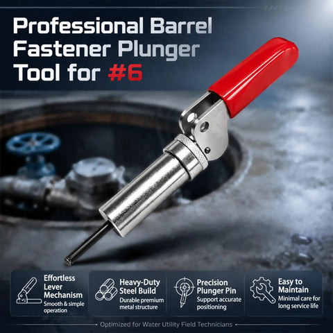 Heavy Duty Plunger Tool For #6 Barrel Fastener 0.158 Inch Inner Diameter Water Utility with red non-slip handle.