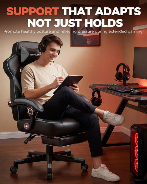 Big And Tall Gaming Chair For Adults With 350 Lb Capacity, man sitting relaxed on ergonomic high back, Sky Gray Comfort.