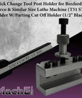 Go-To Quick Change Tool Post Holder For Boxford Warco And Similar Size Lathes With Parting Cut Off Holder Half Inch Blade High-Strength Tool Steel For Fast Tool Changes And Precise Machining; shown front view.