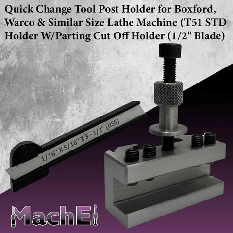 Go-To Quick Change Tool Post Holder For Boxford Warco And Similar Size Lathes With Parting Cut Off Holder Half Inch Blade High-Strength Tool Steel For Fast Tool Changes And Precise Machining; shown front view.