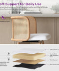 Set Of 4 Swivel Rattan Bar Stools, 26 Inch Counter Height With Natural Woven Back And White Faux Leather Seats, seat layers diagram