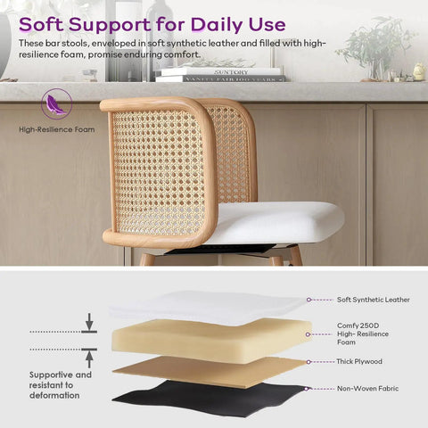 Set Of 4 Swivel Rattan Bar Stools, 26 Inch Counter Height With Natural Woven Back And White Faux Leather Seats, seat layers diagram