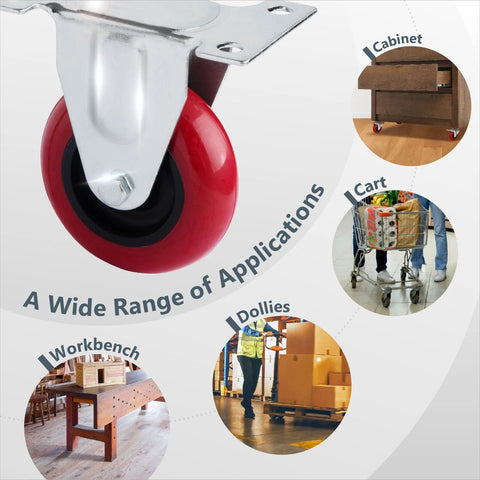 3 Inch Fixed Plate Caster Wheels Set Heavy Duty Rubber Casters 640 Lb Load Capacity Non Marring And Smooth Rolling For Furniture Carts Dollies And Workbenches Four Pack Ideal For Workshop Mobility And Easy Installation shown with applications on cabinets, carts, and workbenches.