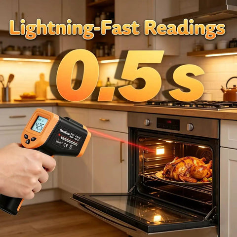 Digital Infrared Temperature Gun For Cooking With Backlit Display And Auto Shutoff, Shows Surface Temp Only, Reads From Minus 58 To 1022 Fahrenheit in kitchen, checking oven
