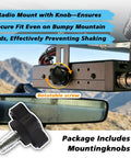 Adjustable Universal Car CB Radio Mount Bracket with knob and screws in vehicle, heavy duty for rattle free secure mounting on tight roads