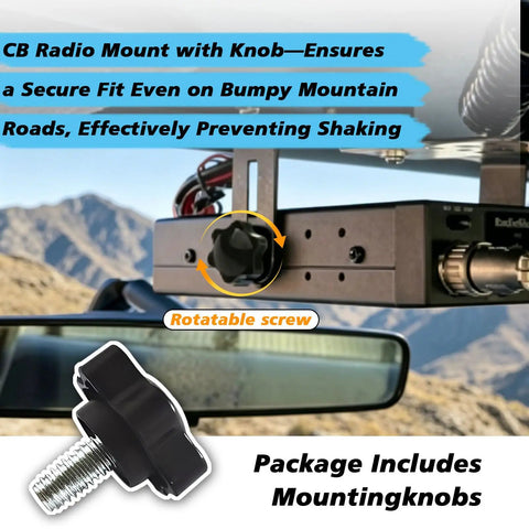 Adjustable Universal Car CB Radio Mount Bracket with knob and screws in vehicle, heavy duty for rattle free secure mounting on tight roads