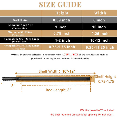 Straight Up Heavy Duty Floating Shelf Brackets For A No Sweat Diy Upgrade Includes Hidden Wall Mount Hardware Kit With Pro Jig To Build Custom Eight Inch Boards Size guide detailing dimensions and compatibility.