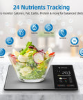 Smart Digital Kitchen Scale With 23 Nutrients Tracking For Weight Loss, App Sync For Auto Logging, salad in glass bowl on scale