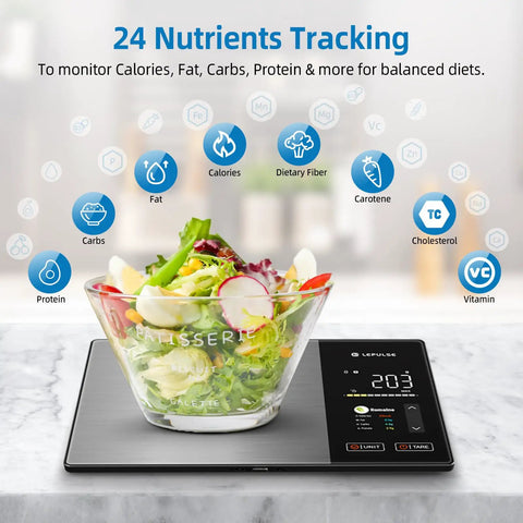 Smart Digital Kitchen Scale With 23 Nutrients Tracking For Weight Loss, App Sync For Auto Logging, salad in glass bowl on scale