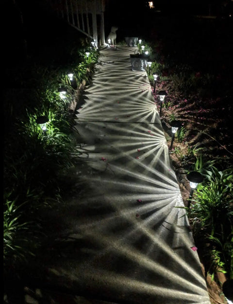 Bronze Solar Path Light Set Of 6 With Glass Lens illuminates walkway with starburst pattern, garden path lights, nighttime curb appeal