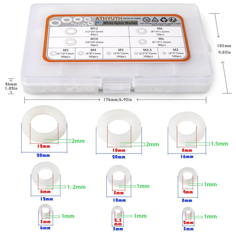 Heavy Duty Nylon Flat Washers Assortment Kit For Mechanical And Electrical Jobs, Top Shelf White Plastic Pa66 Insulating Hardware For Metric Screws And Bolts, 720 Piece Rock Solid Pack in a clear storage case with size specs.