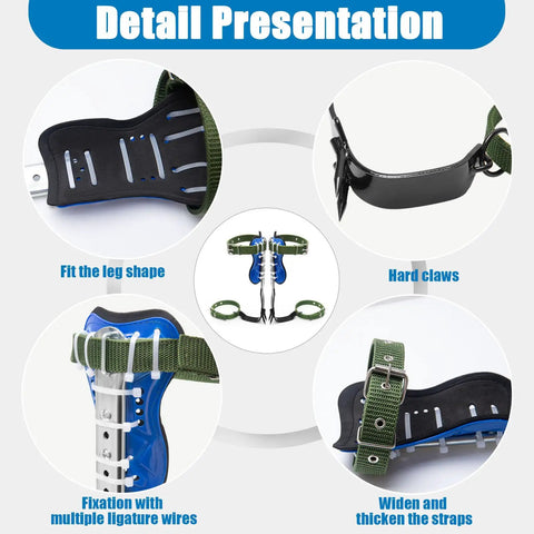 Detail view of Tree Climbing Spikes Set With Adjustable Climbing Belt For Outdoor Work Fruit Picking And Tree Maintenance Dope Ergonomic Foot Plates Height Adjustable Straps Durable Climbing Gear For Safe Tree Access, showing hardened claws, ergonomic design, and durable straps.