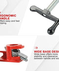Close-up of ergonomic handle and wide base of Heavy Duty Wood Gluing Pipe Clamp Set Four Pack Three Quarter Inch Adjustable Length Pipe Clamps With Spring Lever Lock For Quick Release Cast Iron Construction Built For Glue Ups And Woodworking Projects.