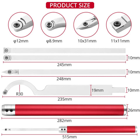 Carbide Tipped Wood Turning Tools Set With Diamond Round And Square Inserts Pro Grade Lathe Tools product dimensions chart