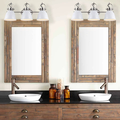 Three Light LED Vanity Light With Adjustable Wall Sconce In White Nickel Finish Above Bathroom Mirror with Bohemian Look