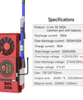 Rock Solid 12V 3S 300A Lithium Battery Protection Board PCB BMS specifications with fan and balance wires.