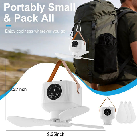 Portable Camping Fan With LED Lights And Remote, 9.25 Inch Wireless Rechargeable Tent Ceiling Fan attached to backpack