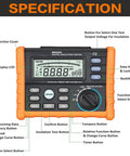 Digital Insulation Tester Multimeter With 0.01M to 100G Insulation Range And 250V To 2500V AC DC Testing Polarization Index PI And Dielectric Absorption Ratio D Backlit Display Auto Power Off Hold Function Pro Grade specification with labeled parts.