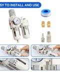 Three Eighths Inch Air Dryer For Compressor With Filter Regulator Lubricator FRL Combo And Water Oil Trap Separator shown with fittings