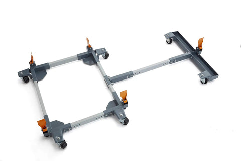 Heavy Duty Mobile Base And Table Saw Extension Combo with swivel casters and adjustable height, shown from an angled view.