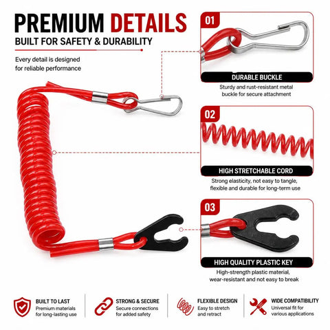 Boat Engine Safety Kill Switch Lanyard Cord For Yamaha Johnson Tohatsu Honda Outboard Ignition Lanyard Emergency Kill Cord With Durable PU Rope And ABS Clips Easy Handle Heavy Duty Marine Safety Accessory with red cord and detailed premium features