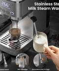 Adjustable Temperature Espresso Machine With Bright Led Display And Creamy Milk Frothing Wand, showing stainless steel steam wand and coffee.