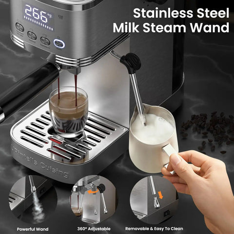 Adjustable Temperature Espresso Machine With Bright Led Display And Creamy Milk Frothing Wand, showing stainless steel steam wand and coffee.