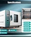 Pro Level Horizontal Electric Blast Drying Oven 45 Liter Capacity 110 Volt 1000 Watt with dimensions displayed.
