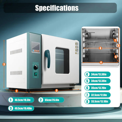 Wawuwao 1000W Lab Electric Blast Drying Oven, 45 Liter Capacity with PID control and dual racks, showing specifications.