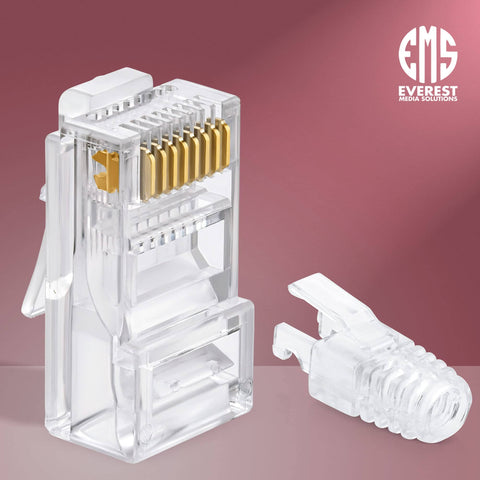 RJ45 Cat6 Pass Through Connectors and Strain Relief Boots Pack of 100 EZ to Crimp Modular Plugs for Solid or Stranded UTP Network Cable