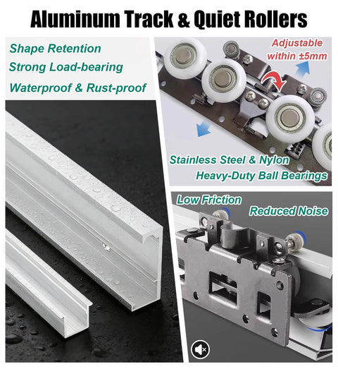 Trackless Sliding Door Kit With Soft Close For Wooden Doors Concealed Top Rail System For Closet Doors Ghost Barn Door Hardware Fits 30 To 80 Inches 60 Inch Rail 100 Kg Capacity Quiet And Smooth Operation showing aluminum track with stainless steel rollers and low friction bearings.