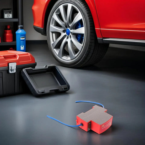 Heavy Duty Automatic Car Fire Extinguisher With Sticky Self Adhesive Patch For Quick Dash Install And Fast Engine Bay Fire Knockout In Rvs Trailers Or Daily Driver Trucks next to a black toolbox and red car wheel.