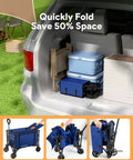 Indigo Collapsible Wagon Cart With Wheels 220 Lb Capacity Foldable Grocery Shopping Cart shown folded in a car trunk.