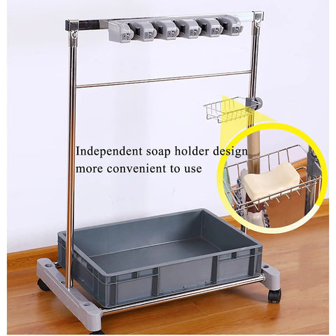 Sturdy Stainless Floor Standing Broom And Mop Rack On Wheels Movable Cleaning Tool Cart With Broom Holder Organizer Eight Slots